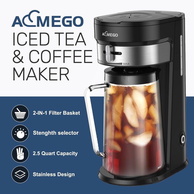 Aimego Iced Tea Maker, Brewing System with 2.5-quart Glass Pitcher, sliding strength selector, Stainless Steel Decoration, Reusable Filter (Black) - Image 2